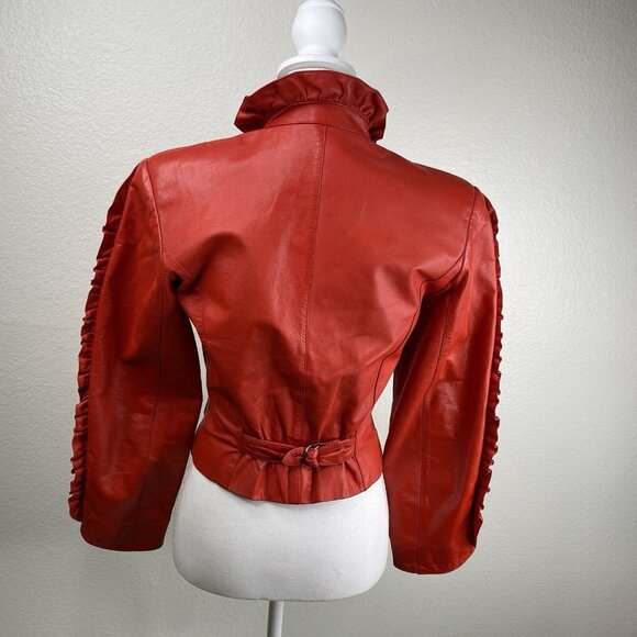 Vintage Triangles - Tannery West Jacket Womens Red Sz 5 Leather Ruffle 80's 90's - Picture 3 of 16